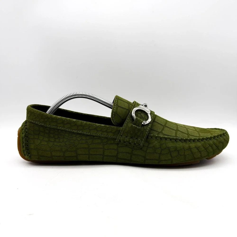 Jimmy Choo Croc Embossed Suede Driving Loafers Green Silver Hardware Size 46